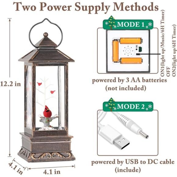 Cardinal Christmas Decor, 12 Inch Musical Snow Globe Lantern, Battery Operated - Picture 4 of 7
